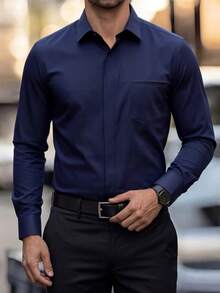 Manfinity Bizformal Áo sơ mi dài tay nam công sở dáng thường ngày, chống nhăn, có túi - Màu xanh hải quân - Xem 5