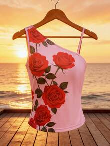 SHEIN Clasi Women's Elegant Rose Floral Tank Top, Blush Pink, Summer, Boho, Vacation, Holiday Oblique Shoulder Asymmetric Strap Sleeveless Retro Resort Top - Pink - View 1