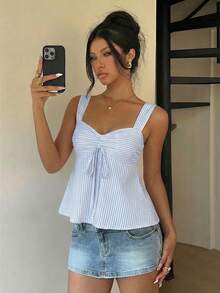 SHEIN Light Blue Casual Women's Drawstring Camisole, Outdoor Top, Vacation, Cute Summer Top - Baby Blue - View 2
