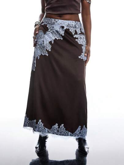 LYSMO Plus Size New Minimalist Spring/Summer Women's Casual Daily Colorblock Lace Low-Waist Vintage Skirt, Vacation Style