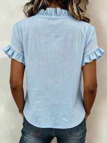 Women's Casual Cotton Blue Ruffle Shirt, Summer Daily Commute & Vacation Top - Blue - View 2