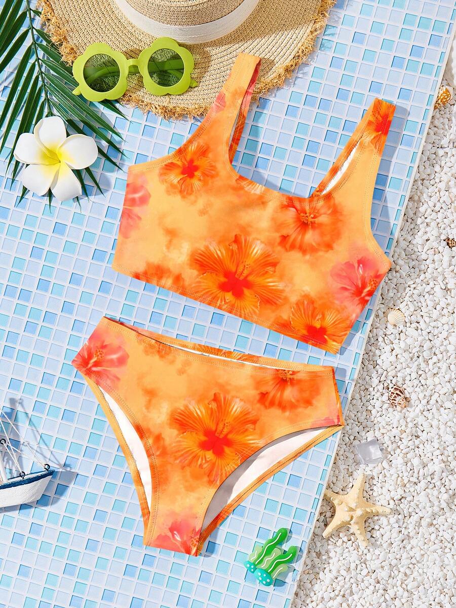 Tween Girl Casual Minimalist Floral Print Camisole And Triangle Bikini Swimwear Set, Suitable For Summer - Multicolor - View 1