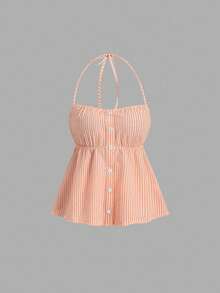 Sweetra Bộ đồ nữ kẻ sọc kiểu dáng thường ngày gồm áo hai dây và quần dài, thích hợp cho mùa xuân và mùa hè. - trái cam - Xem 3