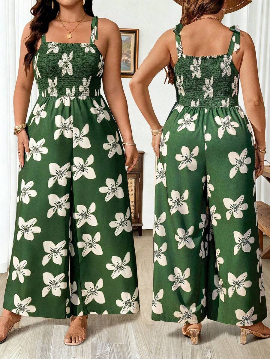 Weeklong Mono casual con pliegues y estampado floral para mujer talla grande, adecuado para vacaciones y uso diario - Multicolor - Ver 1