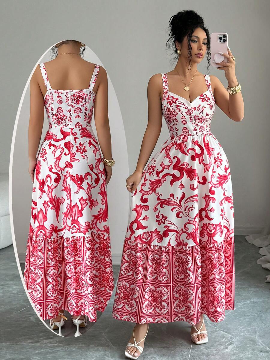 Selianne Damen Vintage Rot & Weiß Blume Muster plissiertes A-Linien Kleid, quadratischer Ausschnitt, ärmellos, taillenschmeichelnde elegante romantische Lässig Pendler Strand Urlaub Mode Retro Französischer Straßen Chic Frühling/Sommer Neu - Verschiedenfarbig - Übersicht 1