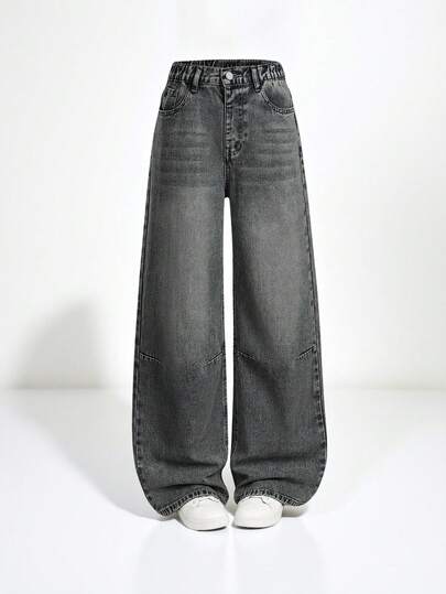 SHEIN Sparklyn Girls' Fashion Loose Fit Straight Leg Washed Jeans With Contrast Color Design, Versatile Casual Pants Suitable For Spring, Autumn And Winter Seasons