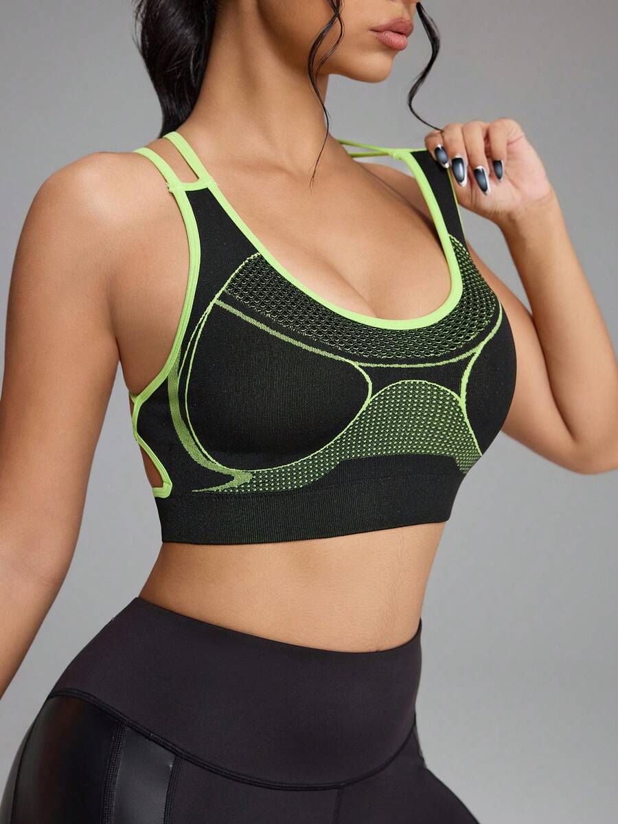 Innovista Women's Contrast Color Print Criss-Cross Strap Sports Bra Women's Black & Green Seamless Strappy Sports Bra – High Support Quick Dry Activewear For Yoga, Pilates, HIIT, Running, Boxing & Training | Breathable Mesh With Cut Out Design & Adjustable Straps | Comfortable Daily Athleisure Top For Office To Gym, Cycling & Outdoor Exercise - Green - View 1