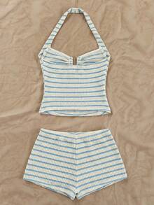 Soleia Bộ đồ nữ kẻ sọc cổ yếm gồm áo tank top và quần short, kiểu dáng thường ngày. - Xanh và trắng - Xem 2