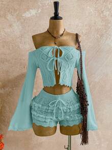 Soleia Conjunto de 2 piezas de suéter corto con mangas acampanadas y hombros descubiertos con lazo, y shorts de unicolor para mujer - verde menta - Ver 4