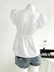 SHEIN 1pc Girls' White Summer Elegant Tea Party Vintage Floral Collar Blouse,Puff Sleeve Square Neck Cinched Waist Top,Loose Fit Flattering Shirt,Daily Wear - White - View 2