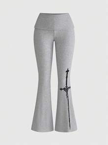 ROMWE Avant Y2K Abby 十字印花标语背心和喇叭裤休闲两件套女装 - 淺灰色 - 查看 9