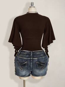 SHEIN ICON Plus Size Women V-Neck Flare Sleeve Ruched T-Shirt - Brown - View 2