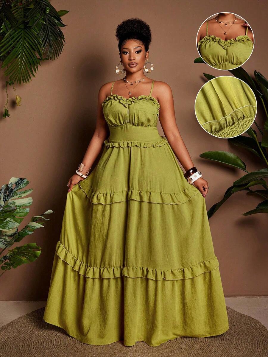 Maweii 度假风荷叶边下摆大码连衣裙 - 綠色 - 查看 1