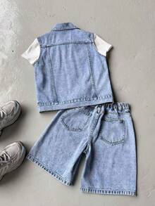 SHEIN Tween Boy Light Blue Denim 2 Pieces Set,Summer Casual Back-To-School Clothes,Cross Pattern Sleeveless Jacket And Loose Shorts,School Streetwear Outfit - Blue - View 3