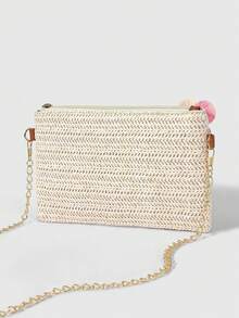 ROMWE Kawaii Handmade Customized Rhinestone Straw Woven Messenger Bag, Flower Bow Decorative Chain Bag, Summer Vacation Style Niche Shoulder Bag (Rhinestone Style Random Location Random) - Multicolor - View 5