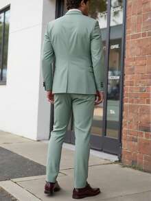 Manfinity Mode Conjunto de Blazer y Pantalones para Hombres Talla Grande, Elegante Atuendo Formal Verde Oscuro para Boda, Negocios, Otoño, Traje Clásico de Manga Larga Verde Salvia, Pantalones, Ceremonia - verde menta - Ver 2