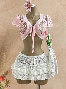 Elamini Áo khoác cardigan mỏng nhẹ thắt eo bằng ren hoa ngọt ngào dành cho nữ, màu hồng, thích hợp cho mùa hè. - Nhiều màu - Xem 3