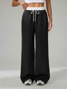SHEIN Tall Women's Casual Loose Checked Wide Leg Pants - Black - View 3