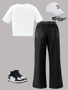 Sparklyn Bộ 2 món cho bé gái tuổi teen, phong cách đường phố năng động, họa tiết ngôi sao đính kèm, áo thun dệt kim ôm dáng lửng và quần cargo ống rộng in họa tiết giả denim. - Nhiều màu - Xem 2