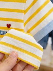 SHEIN Playful Pals 女嬰小狗圖案圓領套頭T恤可愛夏季幼兒上衣藍白條紋畢業服裝適合6M-3T - 彩色 - 查看 3