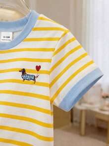 SHEIN Playful Pals 女嬰小狗圖案圓領套頭T恤可愛夏季幼兒上衣藍白條紋畢業服裝適合6M-3T - 彩色 - 查看 5