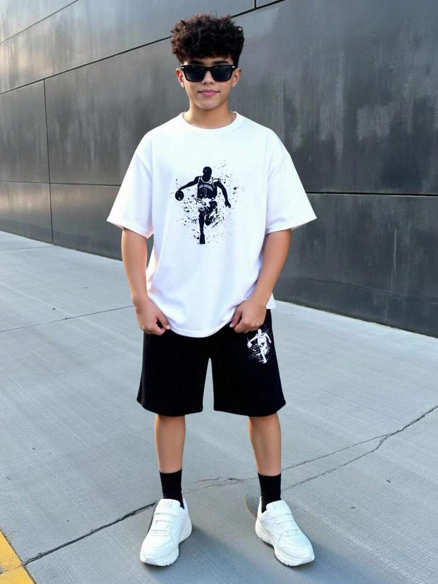 SHEIN 2-Pcs Teen Boy White Summer Football & Letter Print Short Sleeve Top And Pants Set,Sports & Streetwear Outfits For Daily Wear,School,Parties,Festivals - Black and White - View 1