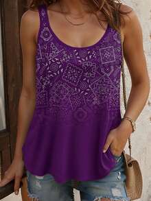 EMERY ROSE Women's Floral Print Casual Loose Fit Round Neck Tank Top - Purple - View 1