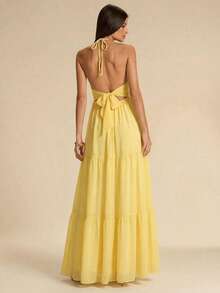 SHEIN BAE Đầm xếp tầng cổ chữ V màu vàng nhạt, lãng mạn, thích hợp cho hẹn hò, đi nghỉ mát ở biển, đi chơi, dự đám cưới, mùa xuân/hè. - Vàng nhạt - Xem 1