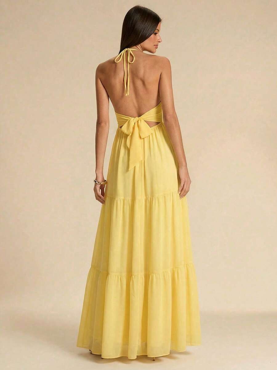 SHEIN BAE Đầm xếp tầng cổ chữ V màu vàng nhạt, lãng mạn, thích hợp cho hẹn hò, đi nghỉ mát ở biển, đi chơi, dự đám cưới, mùa xuân/hè. - Vàng nhạt - Xem 1