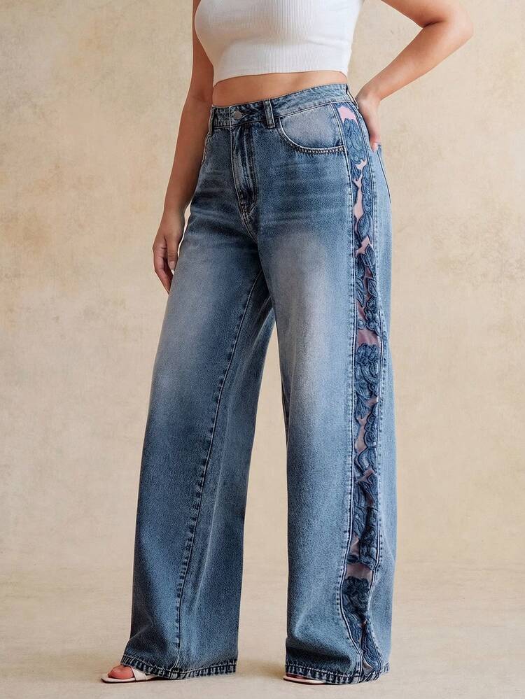 Women's Fashionable Luxurious Sexy Side Hollow Embroidered Mother's Day Romantic Party Vacation Blue Plus Size Straight Leg Jeans, Spring/Summer