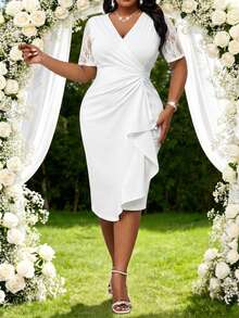 SHEIN Lady Plus Size Women Solid Color Contrast Lace Ruffle Elegant Dress - White - View 3