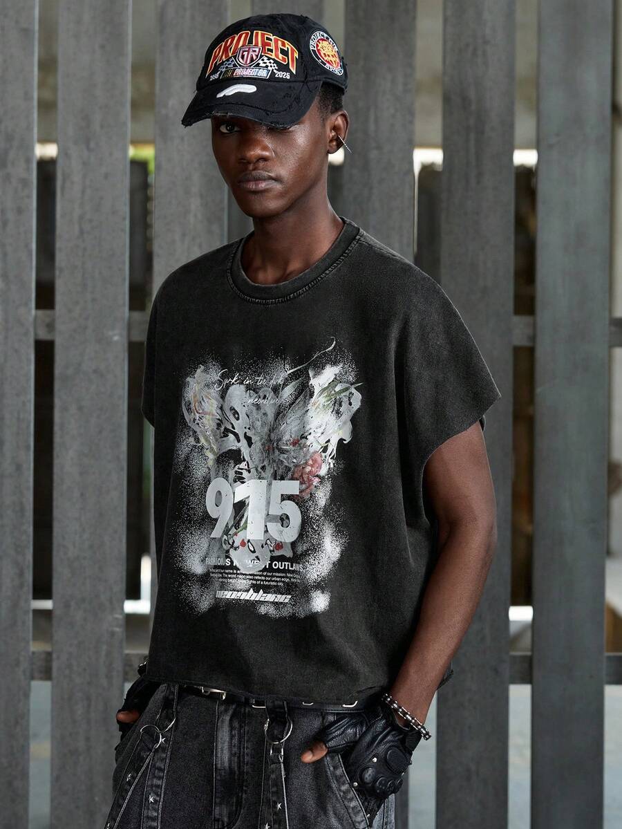 NEON BLANC Camiseta casual holgada para hombre, negra, con estampado gráfico lavado - Negro - Ver 1