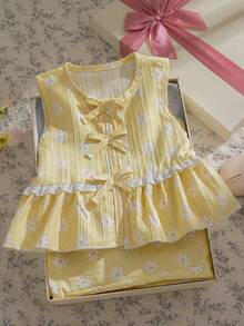 Souflis Souflis 2 piezas Conjunto de niña bebé con blusa de cuello redondo sin mangas plisada de color amarillo claro, top con decoración de lazo y pantalón de cintura elástica, cómodo y lindo para primavera, verano y otoño - Amarillo - Ver 4