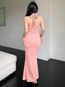 Celisse 女士优雅纹理纯色修身吊带鱼尾长裙 粉色吊带连衣裙 褶皱修身连衣裙 舞会长款正式礼服 女士正式礼服 高品质连衣裙 - 粉色 - 查看 2
