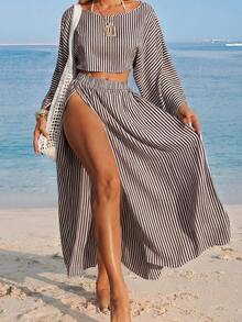 Conjunto de dos piezas de cubrecuerpo casual de manga larga y abertura para la playa para mujer, color blanco - Marrón - Ver 4