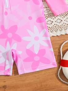 SHEIN Playful Pals 女童鲨鱼印花长袖连体泳衣，可爱图案，防晒，夏季 - 淺粉色 - 查看 5