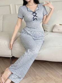 Feyla 2 pezzi Set di maglietta a maniche corte e pantaloni con fiocco e stampa floreale ditsy per donna - Multicolore - Visualizzare 5