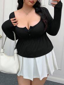 SHEIN EZwear Áo phông cổ vuông thường ngày cỡ lớn, màu trắng, cho kỳ nghỉ xuân/hè - màu đen - Xem 7