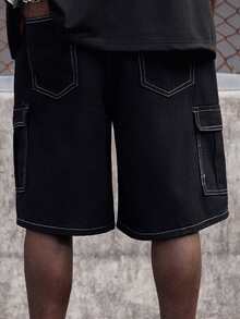 Loose Fit Men's Denim Shorts With Flap Pockets And Side Design Baggy Distressed Jorts Plain Black Work Basic Friends Hiking Urban Vacation Work - Black - View 2