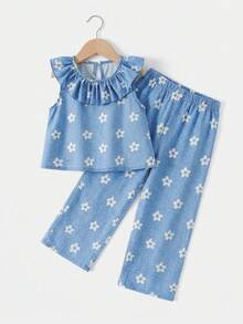 Elladie kids 2pcs/Set Young Girl Korean Style Elegant Sweet Floral Ruffle Collar Sleeveless Dress Top+Straight Pants+Bag,Summer Princess Fashion Outfit Gift - Blue - View 3