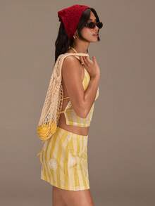 Athîral Women's Casual Vacation Knit Striped Yellow Floral Halter Top And Mini Skirt 2 Pieces Set, Yellow Two Piece Set, Yellow Two Piece Set Women, Yellow Summer Top, Yellow Stripe Top,Date Party Outfit, Daily Outfit, Holiday Outfit, Beach Outfit - Yellow - View 7
