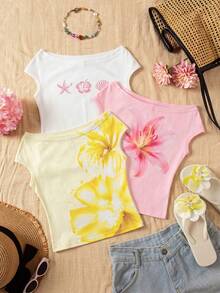 SHEIN 3pcs/Set Girls Vacation Tight Off-Shoulder Multicolor T-Shirts - White - View 4