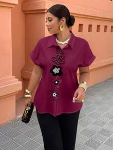 Breezaya Plus Size Women's Embroidered 3D Floral Casual Vacation Shirt, Spring/Summer - Burgundy - View 4