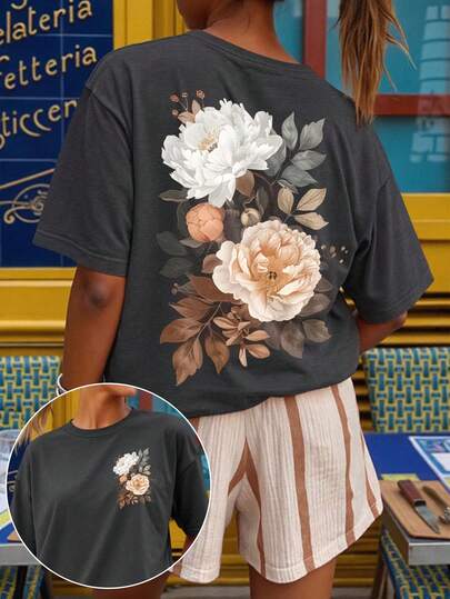 DrmWander Plus Size Summer Casual Floral Print Short Sleeve T-Shirt
