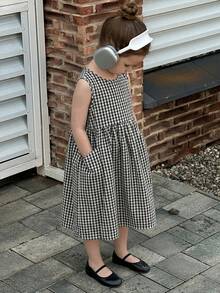 Girls Plaid Sleeveless Crew Neck Sundress, Tween Girl Fall Clothing,Back To School Clothes - Black and White - View 2