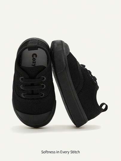 Cozy Pixies 1 đôi giày thể thao slip-on lưới màu đen cổ điển dành cho bé trai, kiểu dáng thoải mái, thoáng khí, đế mềm và phẳng, thiết kế buộc dây, phù hợp cho các hoạt động ngoài trời hàng ngày, tập thể dục và thể thao.