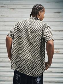 Modcrash 男士时尚经典格纹纹理开领休闲衬衫，适合日常休闲、通勤、街头时尚、夏季新品 - 杏色 - 查看 3