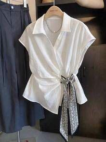 Franclia Plus Size White Batwing Sleeve Short Sleeve Blouse With Tie - White - View 1