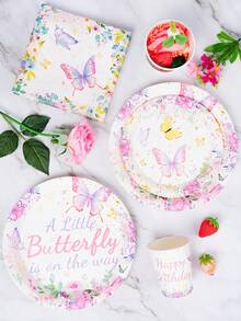 Little Butterfly Happy Birthday Disposable Plates, Napkins And Paper Cups Party Set, Serves 24 Guests. This Disposable Paper Plate Party Tableware Is Suitable For Birthdays, Weddings, Themed Parties And Family Picnics. - View 4