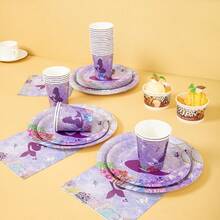 Platos, servilletas y vasos desechables con silueta de sirena morada, set de suministros desechables para fiestas, adecuado para 16 invitados, utensilios desechables para fiestas, adecuados para cumpleaños, bodas, fiestas temáticas, picnics familiares - Ver 4